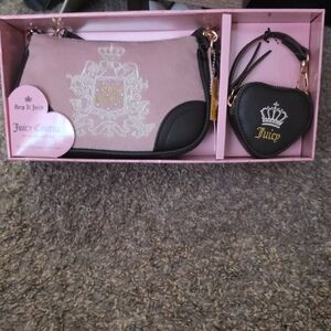 Juicy Couture Pink and Black Zip Wristlet with Heart Coin Pouch